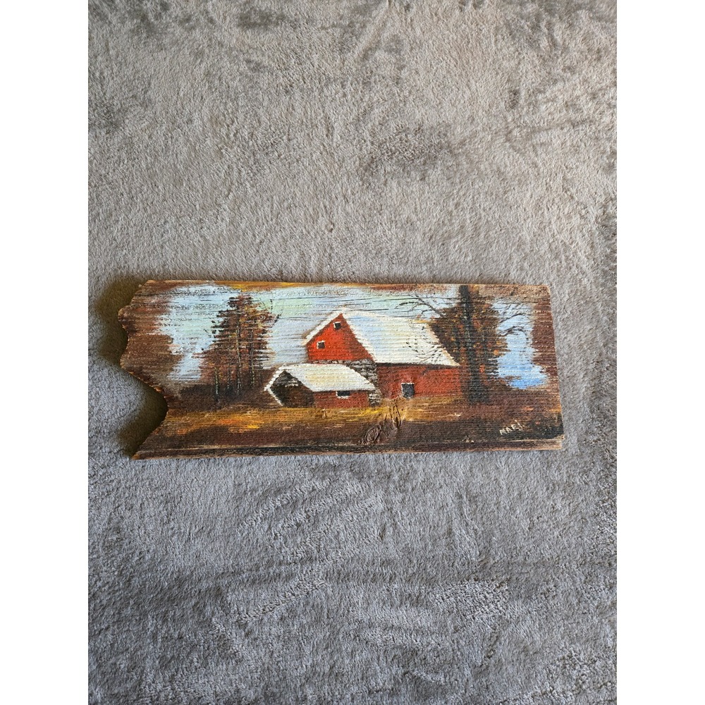 Unbranded Folk Art Painting Unisex OS Red Good Winter Barn Wood Slab Landscape